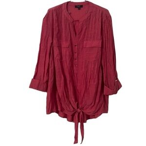 Cocomo Woman Mandarin Collar 3/4 Sleeve Front Tie High Low Top in Pink Sz 1X